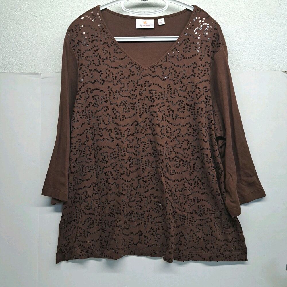 Quacker Factory Sequin Top Brown 3/4 Sleeve Cotton Women's 1X
